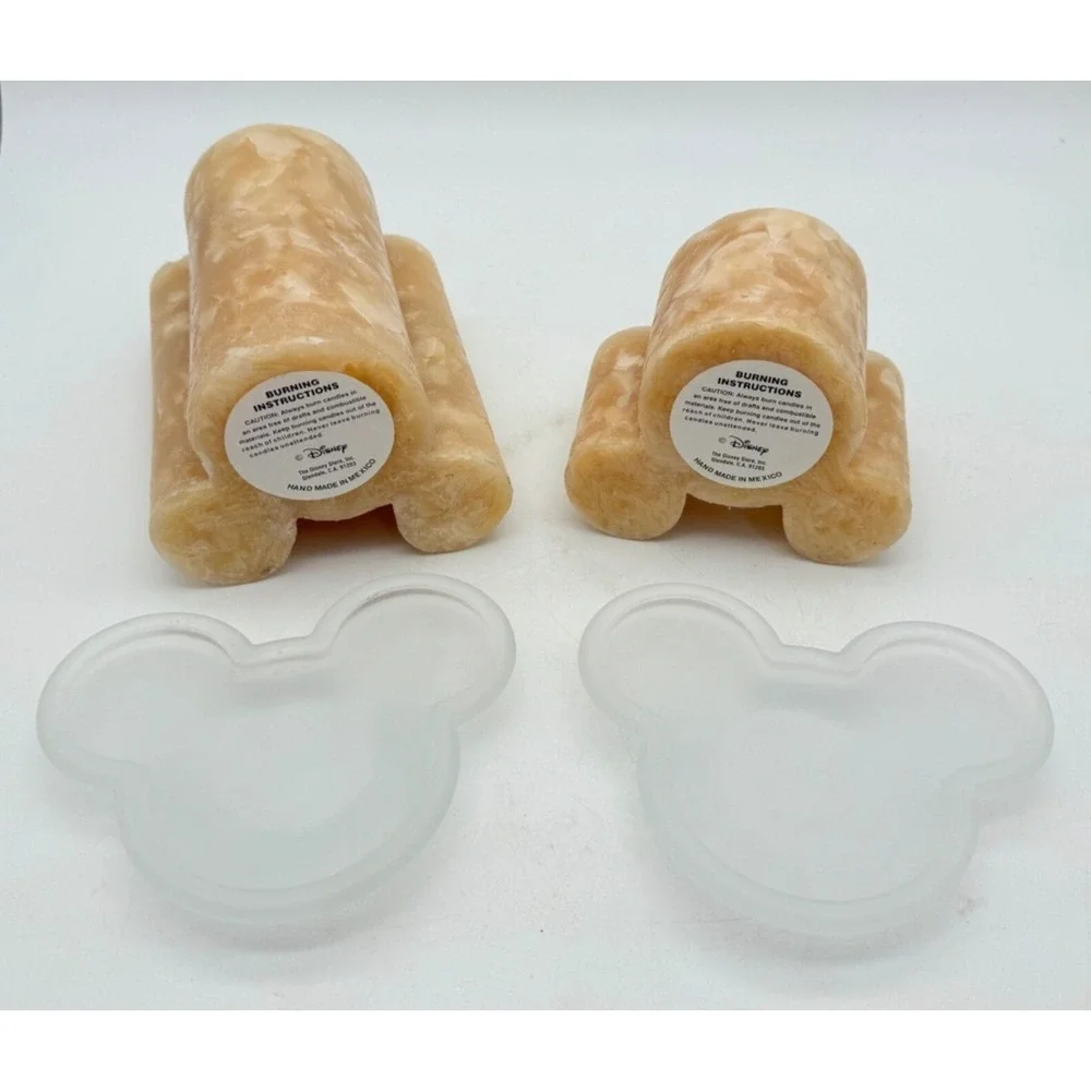 Disney Mickey Mouse Pillar Candle Set 2pc Tan Chunk Wax & 2 Frosted Glass Bases